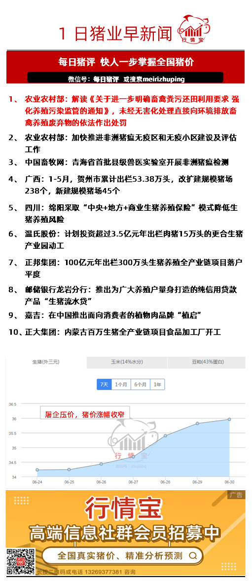 7月1日畜牧早新闻：无抵押物也能贷款？邮储银行推出“生猪流水贷”助力养户养猪！