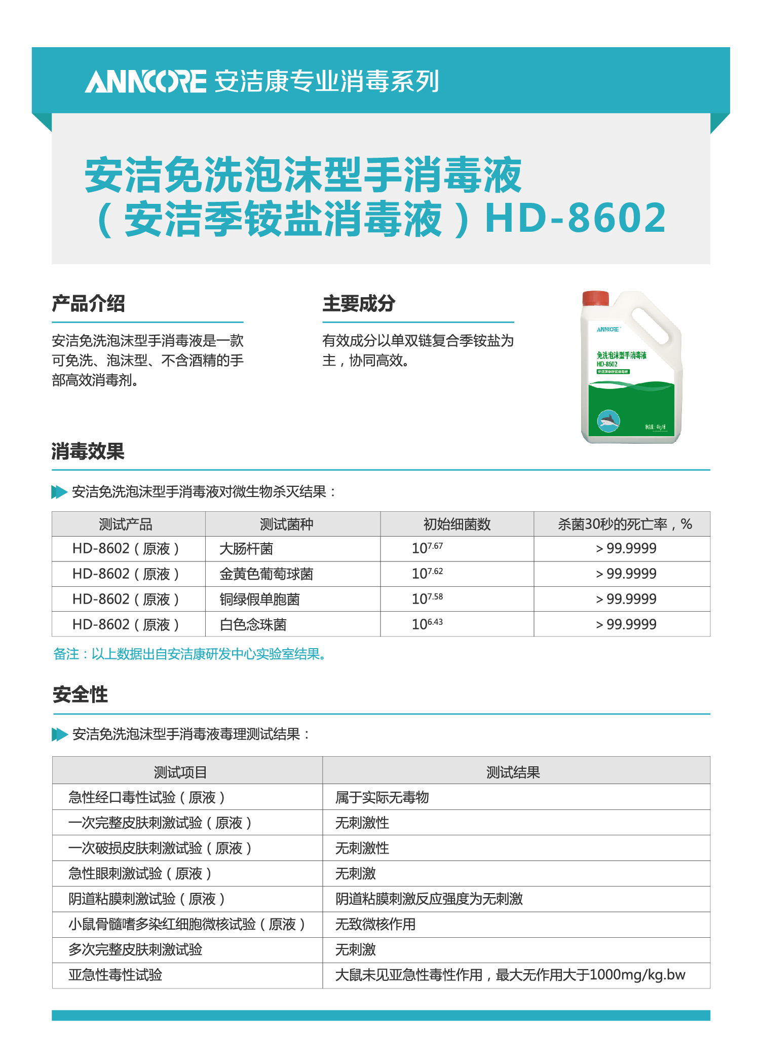 安洁康免洗手消毒液-复合季铵盐速干泡沫型消毒液4kg